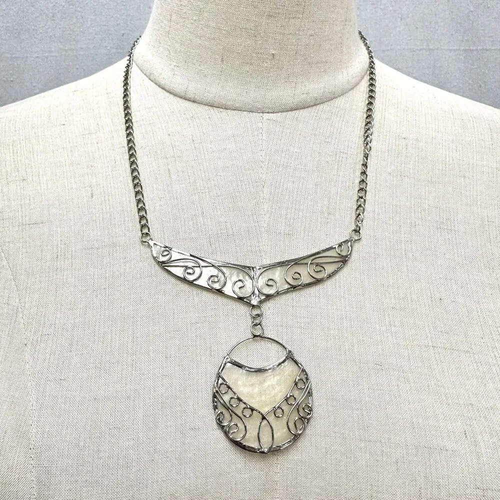 FairTrade Handcrafted Silver Scroll Metal Necklace With Abalone Shell Insert‎